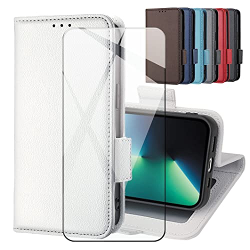 CAXKJE Cuir PU Protection Housse + Protection écran pour HTC Wildfire E5 Plus,Etui de Cuir Flip Cover Coque Portefeuille Case,9H Dureté Verre trempé Film -LZW-White