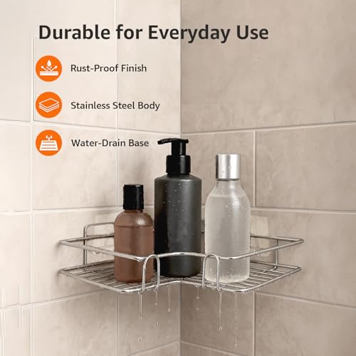 Image of Amazon Basics Self-Adhesive Corner Shelf | No-Drill, Wall-Mounted Organizer for Bathroom, Kitchen & Living Room - Premium Rust Proof GI Metal, 27 x 27 x 6 cm, Chrome, Pack of 2