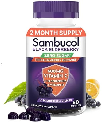 Sambucol Black Elderberry Zero Sugar Triple Immunity Gummies – Black Elderberry Vitamin C Immune Support Supplement, Gummy with Vitamin D for Adults and Kids – 60 Gummies (Pack of 1)