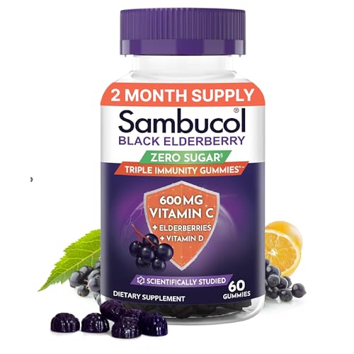 Sambucol Black Elderberry Zero Sugar Triple Immunity Gummies - Daily Vitamin C & Vitamin D Sugar Free Black Elderberry Gummies for Adults and Kids Chewable Berry Supplement - 60 Count