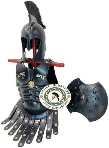 Troy Achilles Helmet with Long Black Plume, Chest Armor Muscle Jacket With Troy Shield Medieval Black Troy Costume Knight Cosplay Roman Armor Set For Halloween Costume