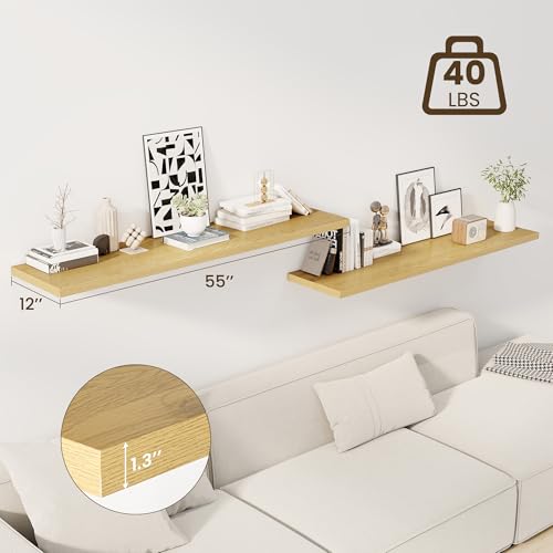 Image of Dreamland 55 inch Floating Shelves for Wall, 12 inch Deep Slim Oak Floating Shelves, Wall-Mounted Shelves for Bedroom, Living Room, Kitchen, Bathroom - Set of 2