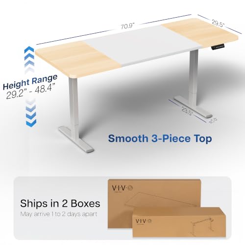 Image of VIVO White /Light Wood 71 x 30 in Standing Desk, DESK-KIT-1G7WC | Electric, Holds 220 lbs, Sit Stand, Height Adjustable, Extra Deep Table Top, Memory Presets, 1B Series, Gray Frame