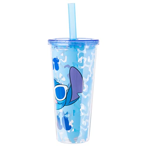 Image of Silver Buffalo Disney Lilo and Stitch Cool Sunglasses Just Chill Plastic Boba Tumbler with Lid and Straw, 24 Ounces