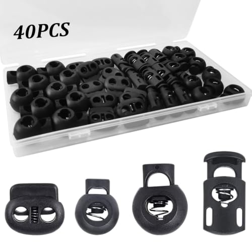 40Pcs Cord Lock, Plastic Cord Locks for Drawstrings, Black Spring Toggle Stopper with 4 Sizes, Elastic Cord Adjuster Shoelace Fastener Lock for Drawstring, Paracord, Shoelaces, Clothing and Bags