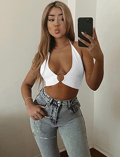 Mizoci Women's Sexy Summer Sleeveless Halter Deep V Neck Crop Top Tie Up Backless Cami3