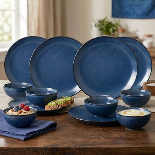 Image of Premium Reactive Glaze Dinner Set, 12 Piece, 6 Dinner Plates and 6 Serving Bowls, Stoneware, Midnight Blue, Round, Speckled Finish