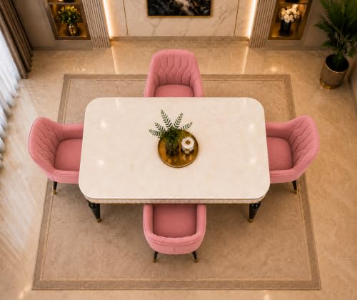 Image of 4 Seater Dining Table Set with Nano Composite Marble Top, Solid Wood Base & 4 Upholstered Chairs, Modern Dining Table Set for Home & Dining Room Furniture (Pink, White Marble Top, 4 Seater)