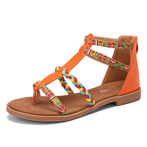 gracosy Women's Flat Sandals Summer Gladiator Sandals Strappy Anti-Slip Zipper Ethnic Bohemia Beach Shoes Dressy with Woven Straps Open Toe for Daily Vacation