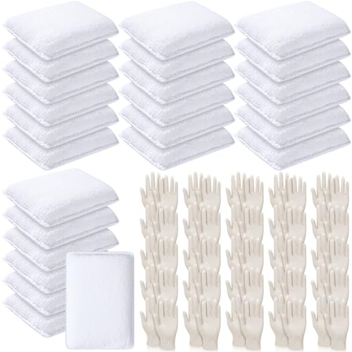 Ziliny 24 Set Wood Stain Applicators and Disposable Latex Gloves Microfiber Stain Sponge Pads for Wood and Oil Based Finishes(White)