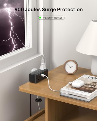 Image of TROND Small Footprint Desk Clamp Power Strip with USB C PD 20W, Flat Plug Extension Cord Surge Protector 5ft, 6 Wide Space Outlets 4 USB, Fit 2.16 inch Tabletop Edge, Home Office Desk Accessories, Black