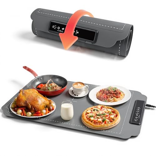 Elektrische Warmhalteplatte für Speisen, GuKKK Faltbare Speisenwärmer mit 4 Einstellbarer Temperatur & 3 Timer Automatisch, Tragbare Lebensmittelheizung mit Nano-Silikonmaterial, für Partys, Buffets