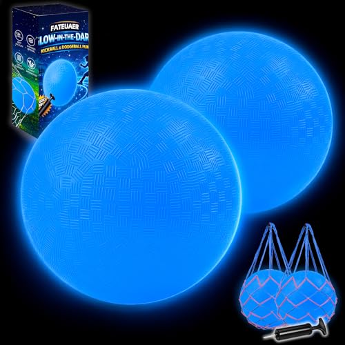 FATEUAER 2 Pack Glow in The Dark Kickball 8.5 Inch Light Up Playground Ball with 2 Mesh Bags & Hand Pump No Battery Needed Charge by Sunlight or Indoor Light Gift Box (Glow in The Dark Ball(Blue))