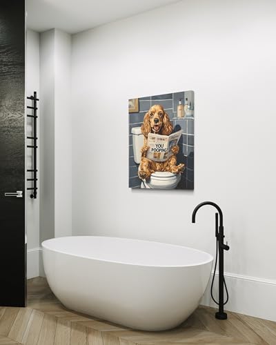 Image of Cocker Spaniel on Toilet Wall Art Print Canvas Wrapped, Dog Bathroom Humor Decor Posters Prints for Restroom Home Picture Painting Artwork Gallery 7 (Cocker Spaniel, 20 inchL x 16 inchW CANVAS, Wrapped Canvas)