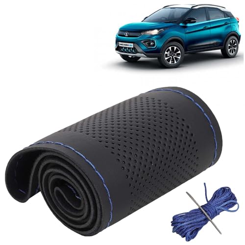 Image of KINGSWAY PU Leatherite Car Steering Cover Sewable Compatible with Tata Nexon EV (Year 2020-2023), Black Color with Blue Thread, Pack of 1 with Sewing Needle and Thread