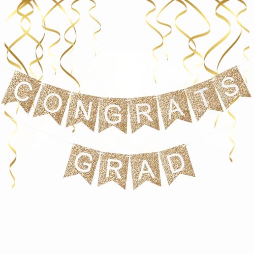 Image of Graduation Decorations 2026, Congrats Grad Banner for Congratulations Graduate Graduation Party - Set of 2 White and Gold Glitter Garlands Sign Hanging Decor for Wall Door Porch, Pre-strung No DIY