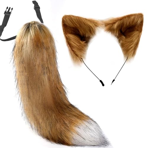 YXCFEWD Fluffy Cosplay Party Costume Ears and Tail Set with Keychain (Yellow)