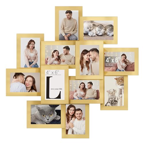 SONGMICS 4x6 Collage Picture Frames, 12-Pack Photo Collage Frame for Wall Decor, Glass Front, Assembly Required, Christmas Gift, Pale Gold URPF022A01