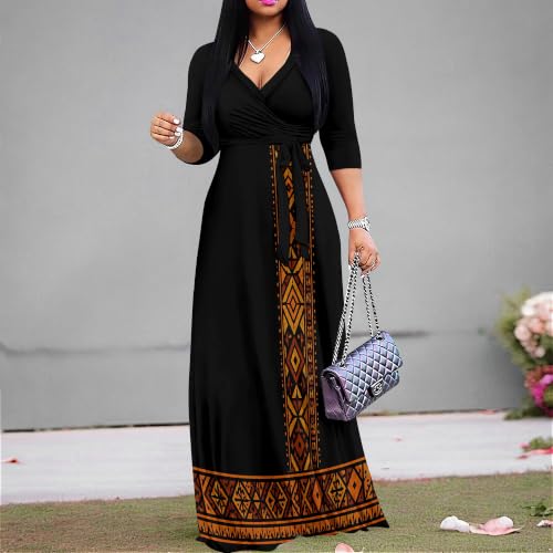 Image of Plus Size Maxi Dress for Women V Neck 3 /4 Sleeve Wrap Dress Black Aztec L | Black Aztec Geometric Women's Maxi Dress