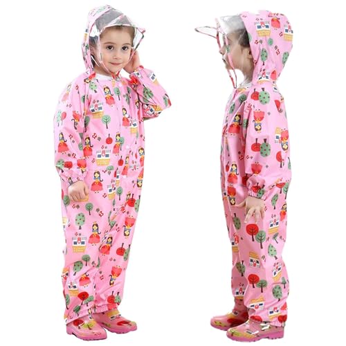 JiAmy Kids Rain Suit Toddler Hooded Rainsuit Poncho Full Body One Piece Coveralls Raincoat for Girls and Boys 1-7 Years, Pink