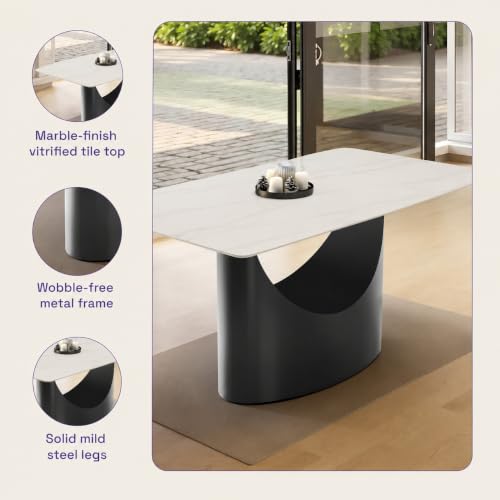 Image of Wakefit Taco Dining Table - Alaska White - 6 Seater I Marble Finish I Vitrified Tile Top I Alaska White