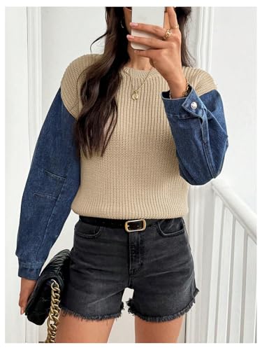 MakeMeChic Women's Denim Patchwork Long Sleeve Sweater Crew Neck Color Block Y2K Knitted Pullovers Top4