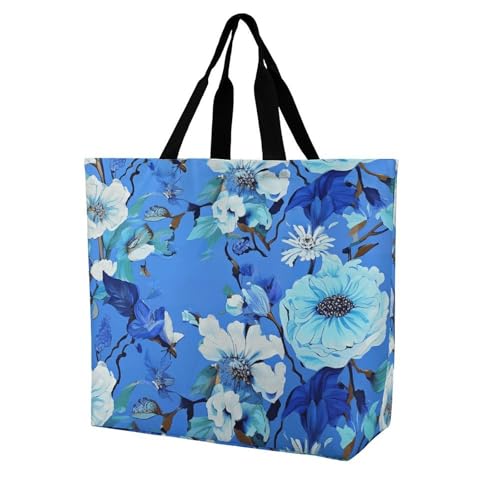 Blue Floral Large Grocery Tote Bag Women Fashion Handbag Duty Reusable Shoulder Bag for Travel Vacation Shopping Beach Bags