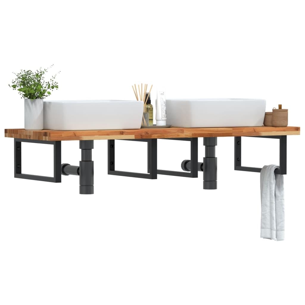 Scaffale per lavabo da parete, in legno di acacia massiccio e acciaio, 120 x 50 x 4 cm, nero, robusto scaffale da bagno per lavabo e asciugamani, mobile da bagno salvaspazio