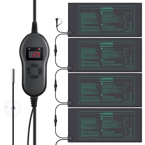 Luxbird Heizmatte mit Thermostat, 4 Heizmatten mit 1 Controller, Zimmergewächshaus Wärmematte 30 Watt, Eins-zu-viele-Steuerung, IP67 Wasserdicht, Größe der Matte 52.7x25.4cm