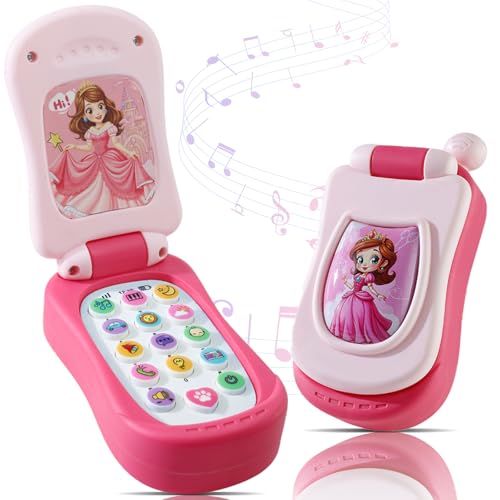 FENYAN Baby Cell Phone Toy 12-18 Months, Preschool Learning Toddler Play Phone with Light, Music and Household Encyclopedias for Girl 1-3, Christmas Birthday Gifts Princess Flip Smartphone Toys