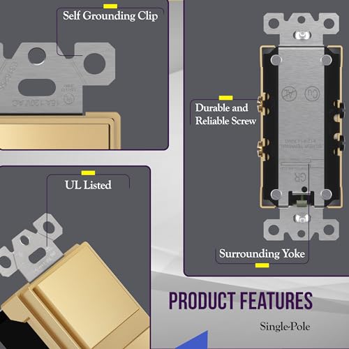 ENERLITES Elite Series Double Decorator Switch with Screwless Wall Plate, Combination Paddle Switch, Ground Terminal, Single Pole, Residential Grade, 15A 120V-277V, 62834-GDWP, Gold with Wall Plate