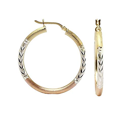 LeCalla 925 Sterling Silver Two-Tone Three-Tone Hoop Earrings | Round Shape Polished Italian Diamond-Cut Twisted Earring Hoops for Women