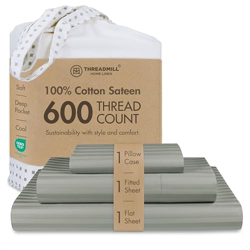 Image of Threadmill 100% Cotton Sheets for Twin Size Bed - 600 Thread Count Twin Bed Sheets Set with 15 inch Deep Pocket - Damask Stripe Sateen Weave 3-Piece Bedding Set with Cooling Effect, Moonrock Grey