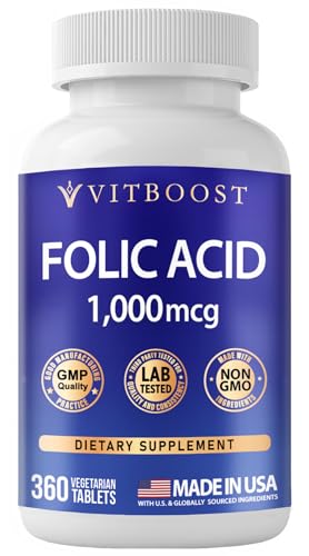 VITBOOST Folic Acid 1000 mcg (1667 mcg DFE) – 360 Tablets | Vitamin B9 Supplement for Women & Men | Non-GMO, Lab Tested, High Potency | Made in USA