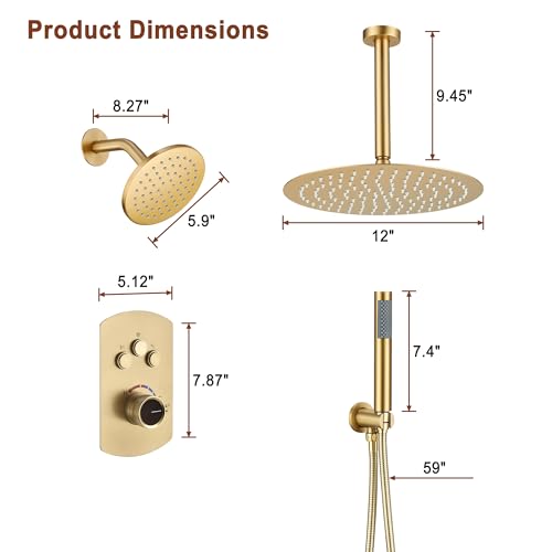 Sistema de Ducha para Techo de 12 Pulgadas MONDAWE en Acabado Dorado Cepillado, Juego de Grifo de Ducha con 3 Funciones, Cabeza de Ducha Lluvia Dual y Chorro de Alta Presión Manual, Todas las Funciones Usables Simultáneamente miniatura 5