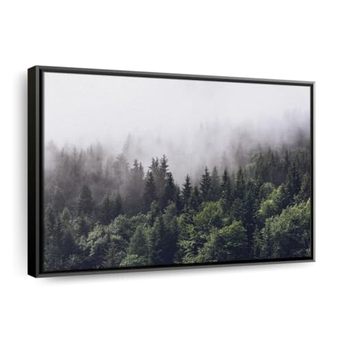 Elephant Stock Hazy Pine Forest Wall Art - Horizontal Floating Framed Canvas - 1-Piece Living Room Wall Decor - Photography Nature Canvas Print - Gray and White Decor for Wall - 19