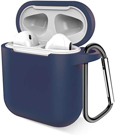 Airpods Case, Music tracker Protective Thicken Airpods Cover Soft Silicone Chargeable Headphone Case with Anti-Lost Carabiner for Apple Airpods 1&2 Charging Case (Dark Blue)