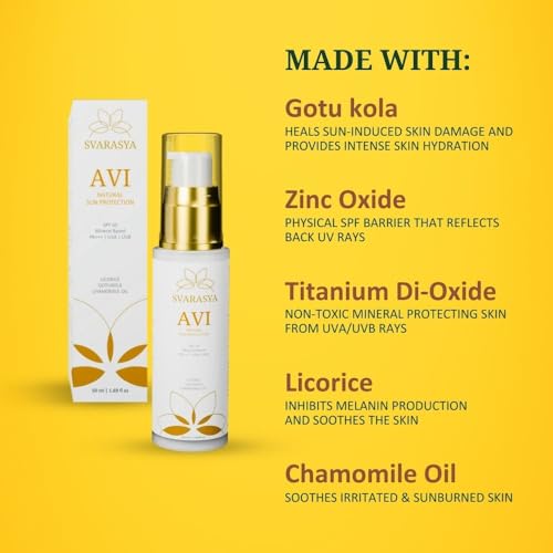 Image of SVARASYA AVI Mineral Sunscreen SPF 50 Pa+++ | 50ml Sunscreen with Zinc Oxide & Titanium Dioxide | UVA, UVB Sun Protection | Lightweight Sun Cream for Men & Women | For Dry & Oily Skin | All Skin types