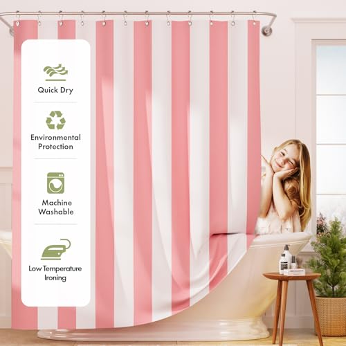 Image of AmazerBath Pink Vertical Stripes Shower Curtain, Cute Pink Stripe Bathroom Shower Curtain with 12 Shower Curtain Hooks, Rustic Fabric Pink and White, 72x72 Inches