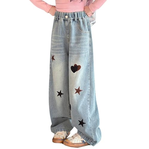 Girls Jeans Love Star Print Straight Leg Denim Pants High Waisted Baggy Boyfriend Jeans with Pockets3