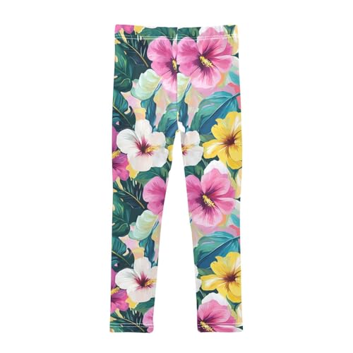 Flowers Leaves White Pink Yellow Kids Girl's Leggings Soft High Waisted Athleisure Pants Exercise2