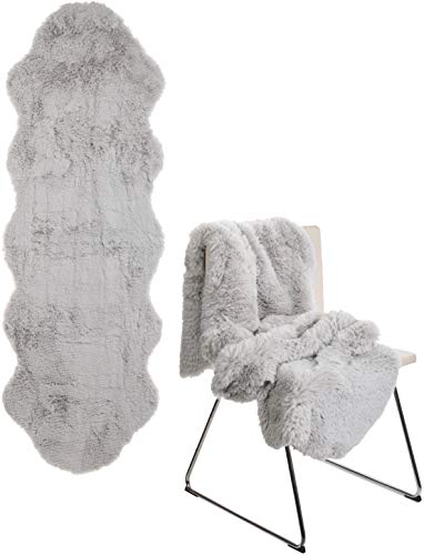 Brandsseller Lammfellimitat-Teppich 60x180 cm XXL – Flauschiger Hochflor Teppich aus Kunstfaser – Weiche, warme Deko-Auflage für Boden, Sofa, Sessel & Bett – Waschbar – Für Indoor & Outdoor – Grau