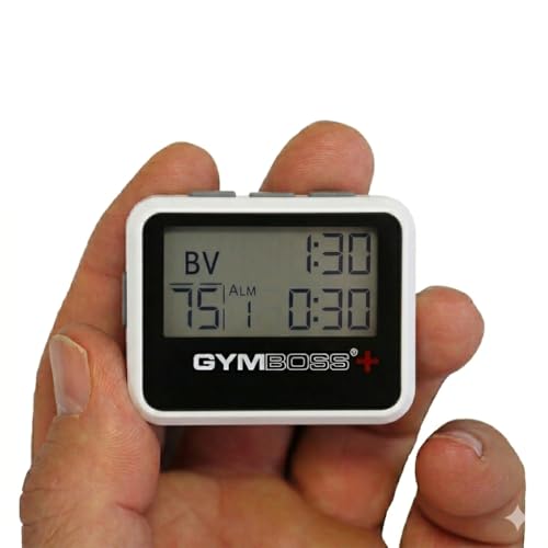 Gymboss Plus interval timer and stopwatch in white and black, illustrating timed run-walk intervals for a beginner session.