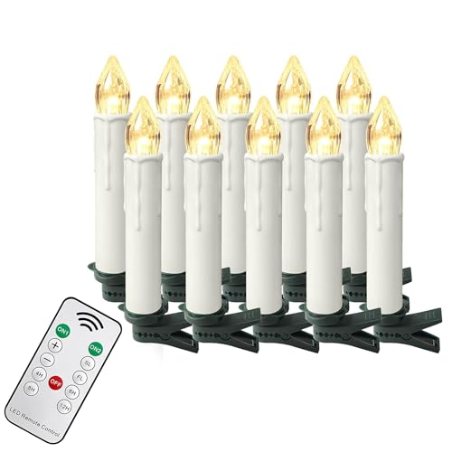 XMTECH Lot de 10 bougies LED sans fil avec clips et télécommande, pour décoration de Noël, mariage, fête, blanc chaud