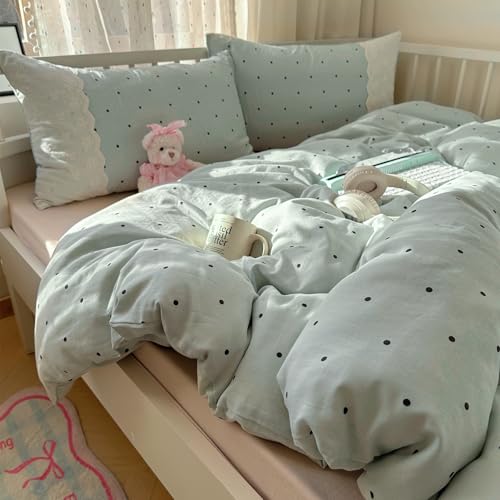 Image of VM VOUGEMARKET Sage Green Bedding Set Twin 3 Pieces Black Dots Duvet Cover Set with Lace Edge-Soft Microfiber Princess Style Comforter Cover for Teen Girls-68x86 Inch