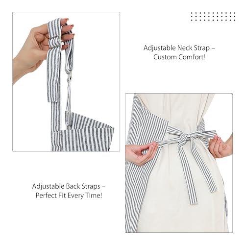 Image of Encasa XO Cotton Cooking kitchen Apron for Women and Men chef apron With adjustable neckstrap, Pocket & Towel Holder for Easy cooking, Baking, BBQ, Gardening- Ticking Navy Blue, 68x85 cm