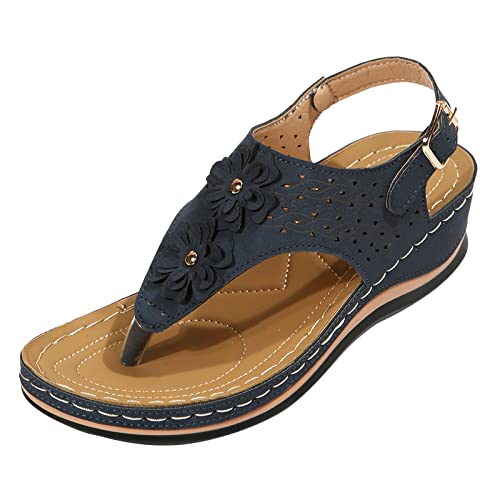 Dheva-C Animal Print Sandals For Women Flat Ergonomic Design Wedge Toe Post Sandals Mitigate Foot Fatigue Comfortable And Functional Shoes Womens Low Wedge Sandals (Navy, 8) #TOP23