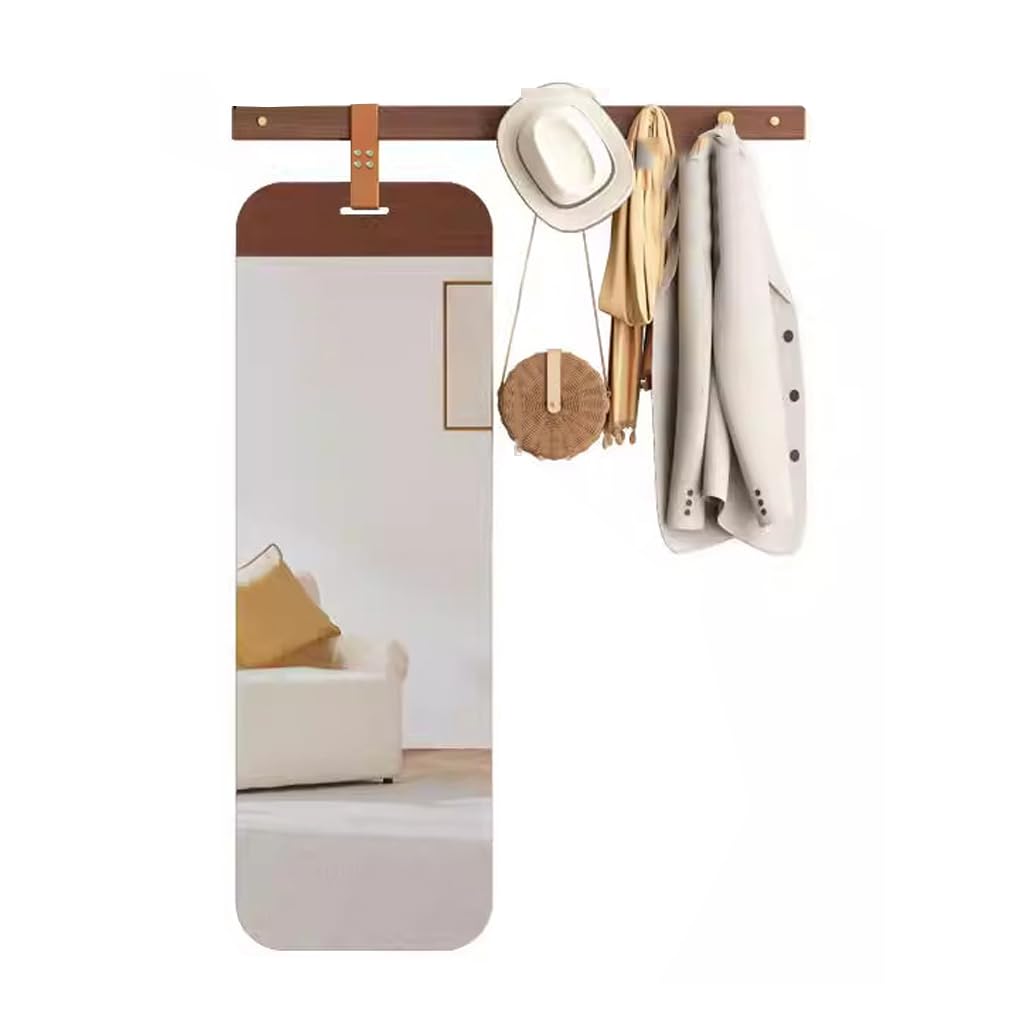 Lmysxaoz Brown Wood Coat Rack With Mirror Wall Mount, Wooden Hooks Entryway Hanging Rail Clothes Towel Racks Hook For Coat, Bag, Towel, Key, Hat, Umbrella