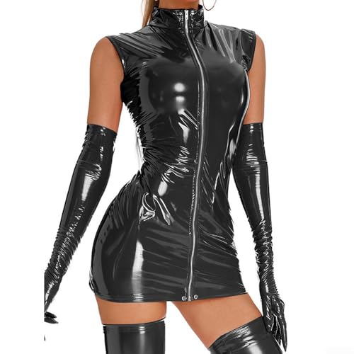Vestido ajustado brillante de aspecto húmedo para mujer, sin mangas, con textura de PVC y espalda vertical para cremallera para fiestas y salidas de bar (talla L, negro)