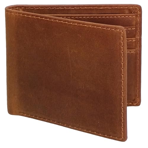 Men's Slim RFID Blocking Wallet - Classic Brown Full Grain Leather Bifold (6 Cards Slots, 2 Cash Compartments) Compact Front Pocket Design with Gift Box (4.3